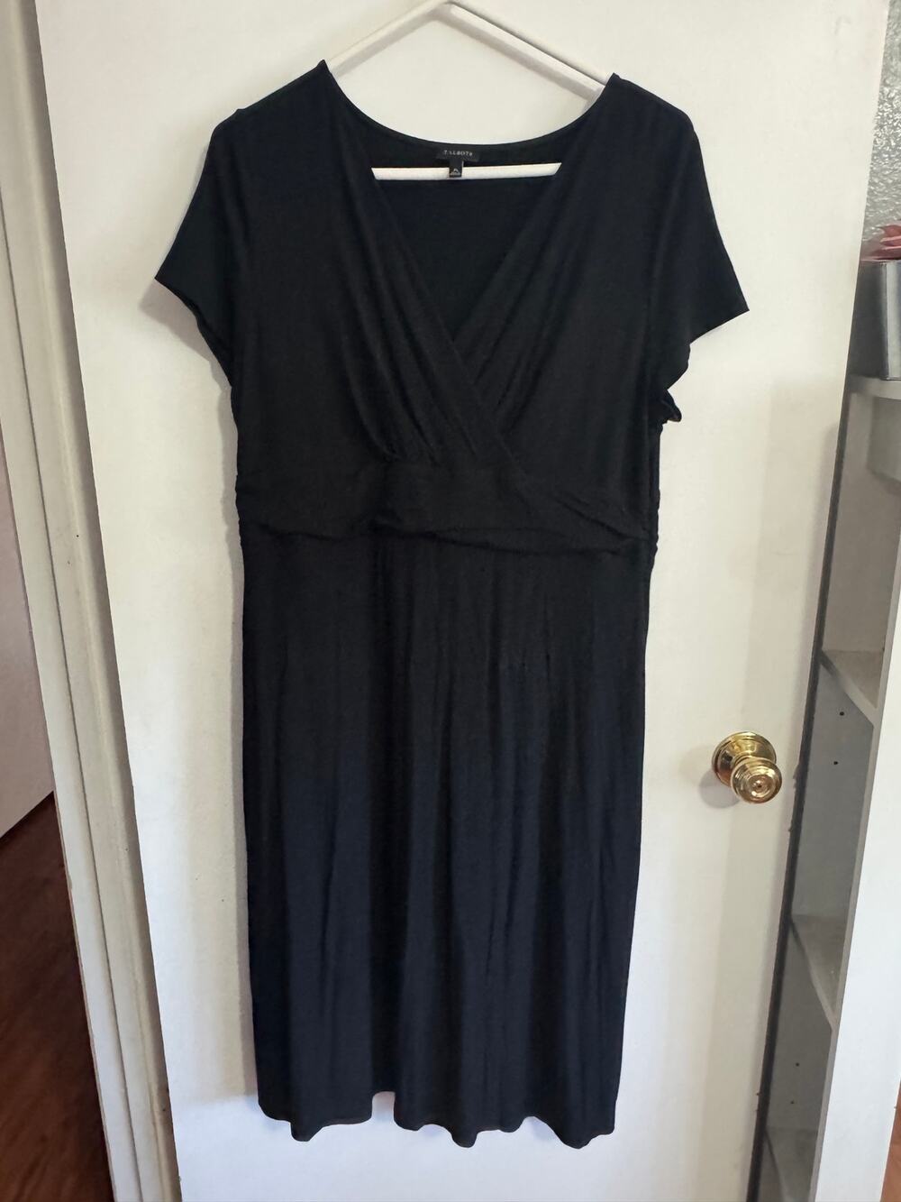 Talbots XL Black Rayon Blend Faux Wrap, V Neck, Midi Dress